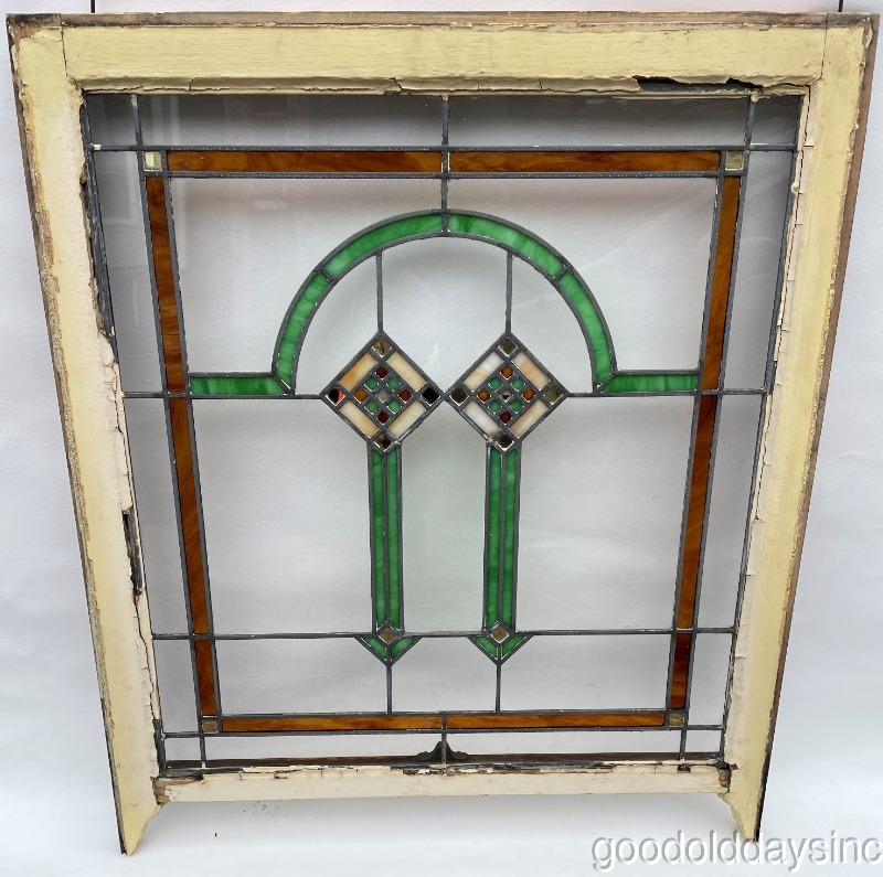 Antique Chicago Bungalow Art Deco Stained Leaded Glass Window 34" x 30"