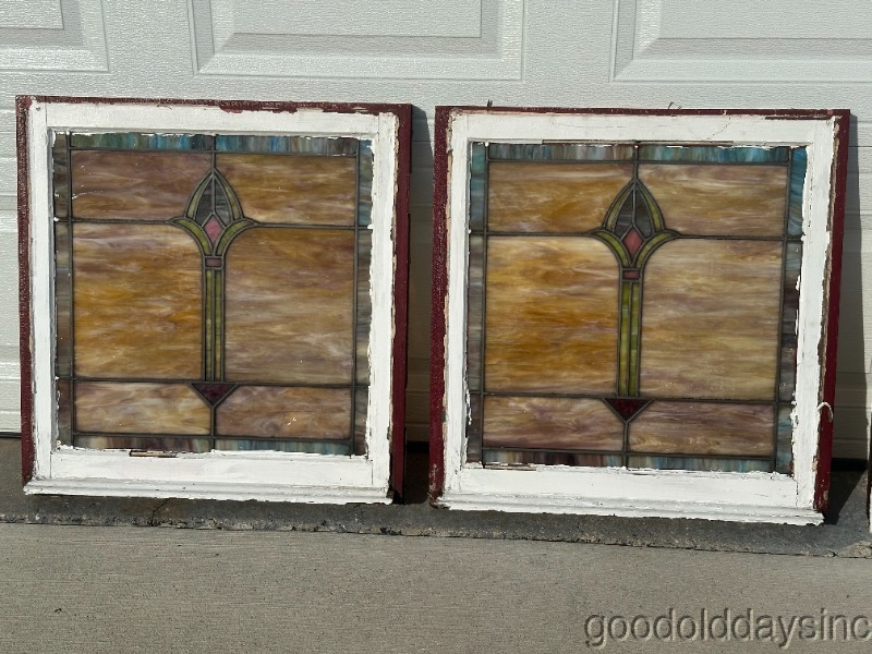 Pair of Antique Colorful Stained Leaded Glass Windows Circa 1920