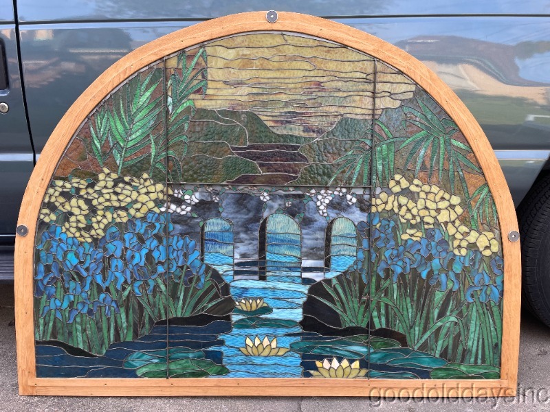 LG Tiffany Style Stained Leaded Glass Arched Window w/ Lily Pad Iris 5' x 4'