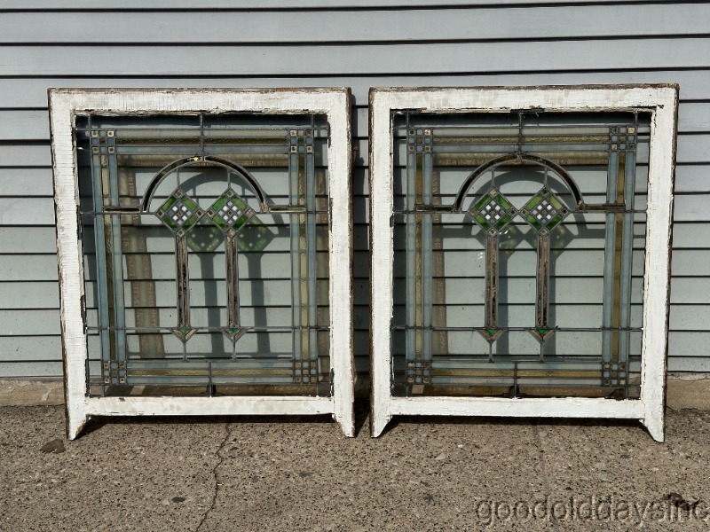 Pair of Antique 1920s Chicago Bungalow Stained Glass Windows 34" by 28"