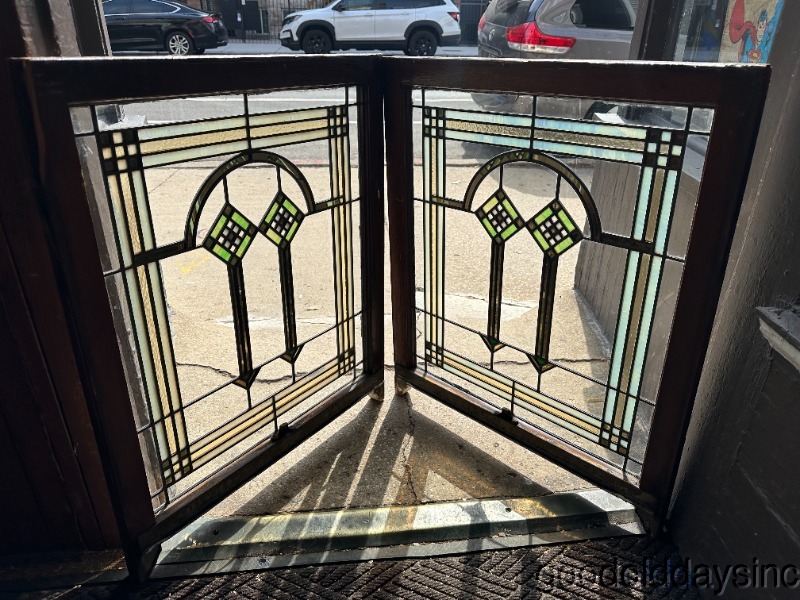 Pair of Antique 1920s Chicago Bungalow Stained Glass Windows 34" by 28"