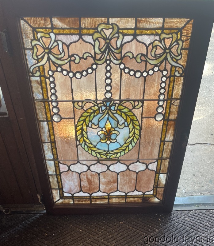 Antique 1890s Chicago-Stained Leaded Glass Window w/ 36 Jewels