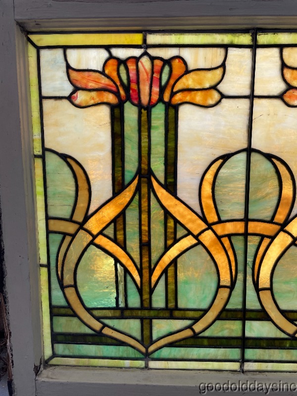 Antique Chicago Art Nouveau Stained Leaded Glass Window Circa. 1910 44" x 26"