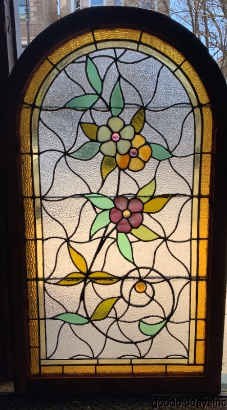 Beautiful Arch Top Stained Leaded Glass Flower Vine Window w/ Jewels Circa 1900