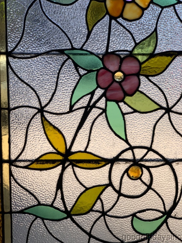 Beautiful Arch Top Stained Leaded Glass Flower Vine Window w/ Jewels Circa 1900