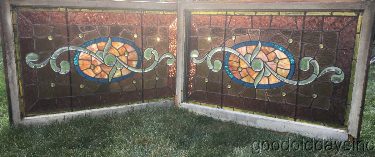 Pair of Antique Victorian Stained Beveled Leaded Glass Transom Windows