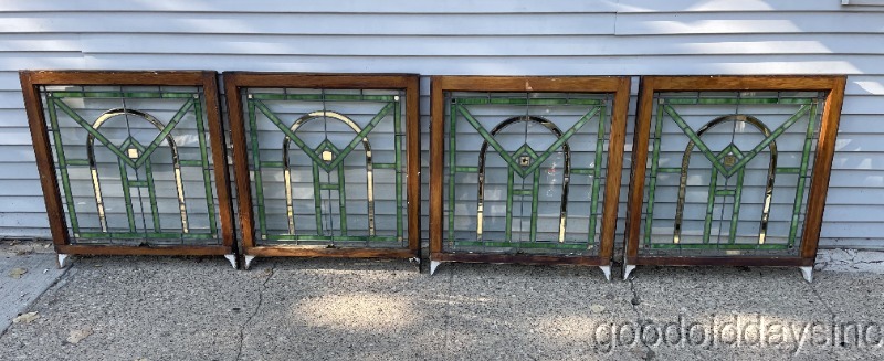 Pair of Antique 1920s Chicago Bungalow Style-Stained Leaded Glass Window 32" x 30"
