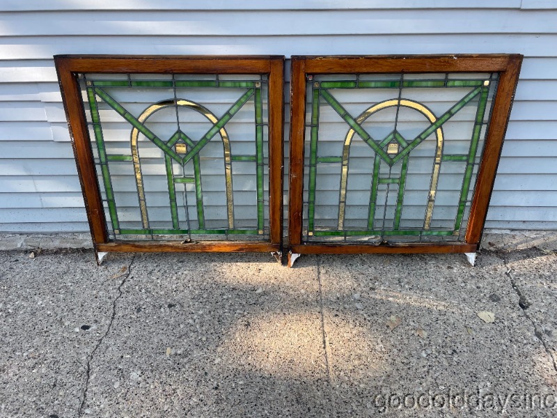 Pair of Antique 1920's Chicago Bungalow Style-Stained Leaded Glass Window 32" x 30"