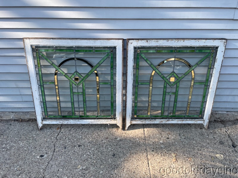 Pair of Antique 1920s Chicago Bungalow Style-Stained Leaded Glass Window 32" x 30"