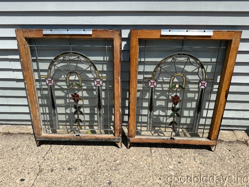 Pair of Antique 1920s Stained Leaded Glass Window 34" x 26" From Chicago