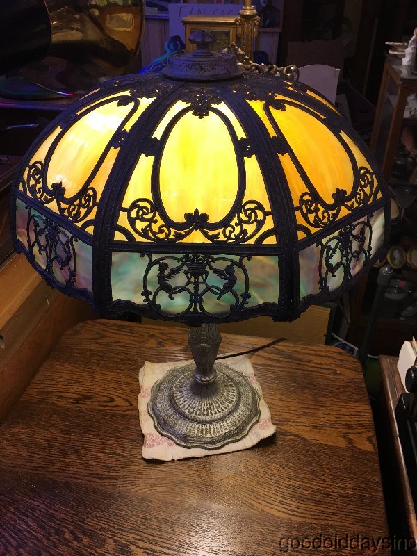 Beautiful Antique 1920s Panel Lamp with Griffins Stained Glass Slag Glass Lamp