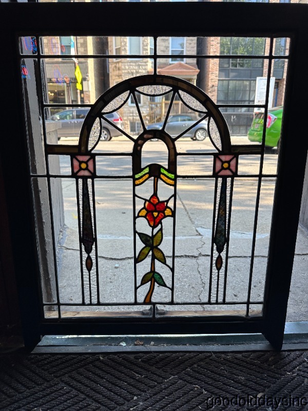 1 Antique 1920s Stained Leaded Glass Window 34" x 28" From Chicago