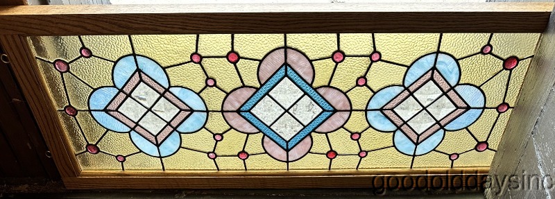 Antique Stained Leaded Glass Transom Window w/ Bevels & Jewels