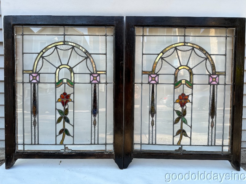 Pair of Antique 1920s Stained Leaded Glass Window 34" x 26" From Chicago