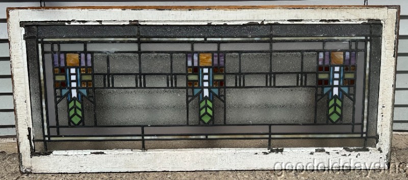 Beautiful Antique Prairie Style Stained Glass Transom Window C1910 Arts & Crafts