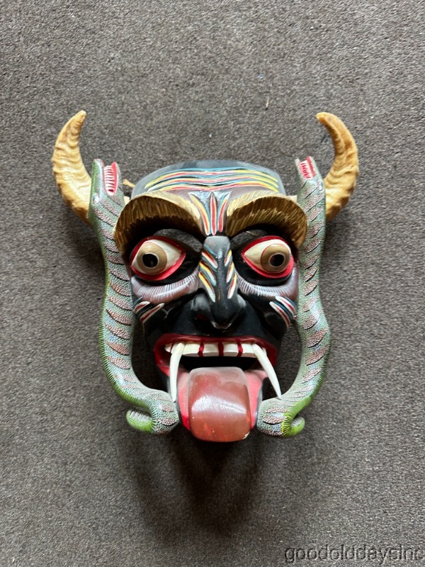 Mexican Dance Painted Devil Mask Folk Art Signed Juan Horta Bulging Eyes Horns 