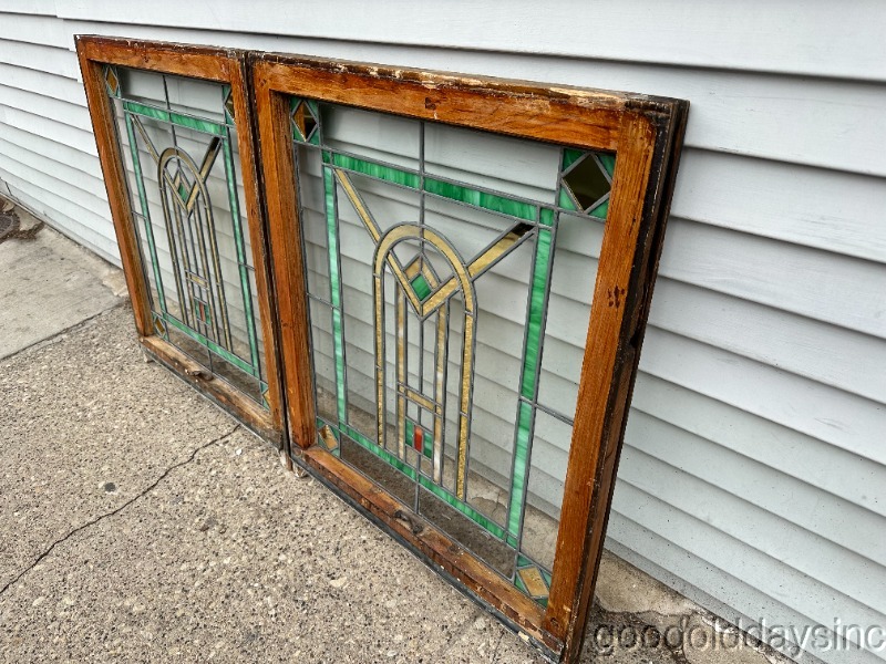 Beautiful Pair of Stained Leaded Glass Windows from Chicago Circa 1920 34" x 28"