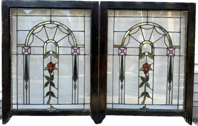 Pair of Antique 1920's Stained Leaded Glass Window 34