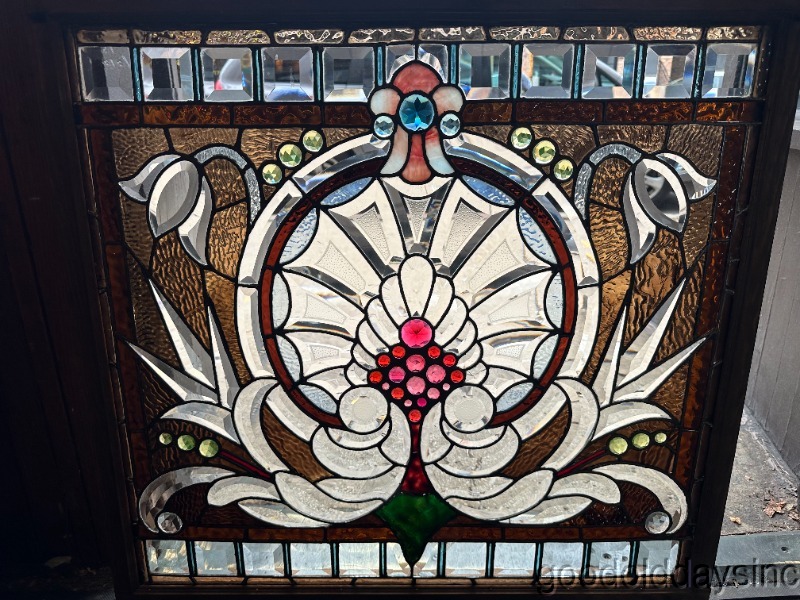 Wow Antique Chicago Beveled and Jeweled Stained Leaded Glass Window Circa 1890