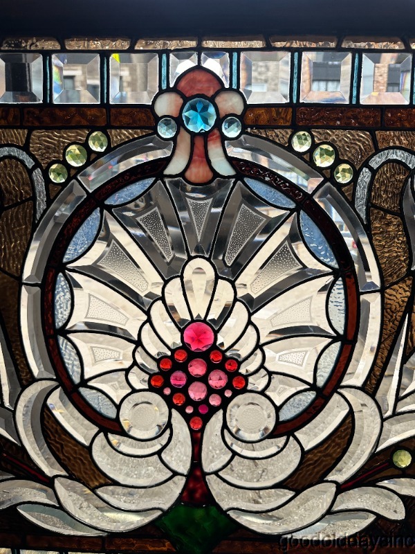 Wow Antique Chicago Beveled and Jeweled Stained Leaded Glass Window Circa 1890