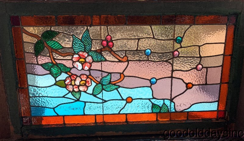 Antique Chicago Victorian-Stained Leaded Glass Transom Window Flowers & Jewels