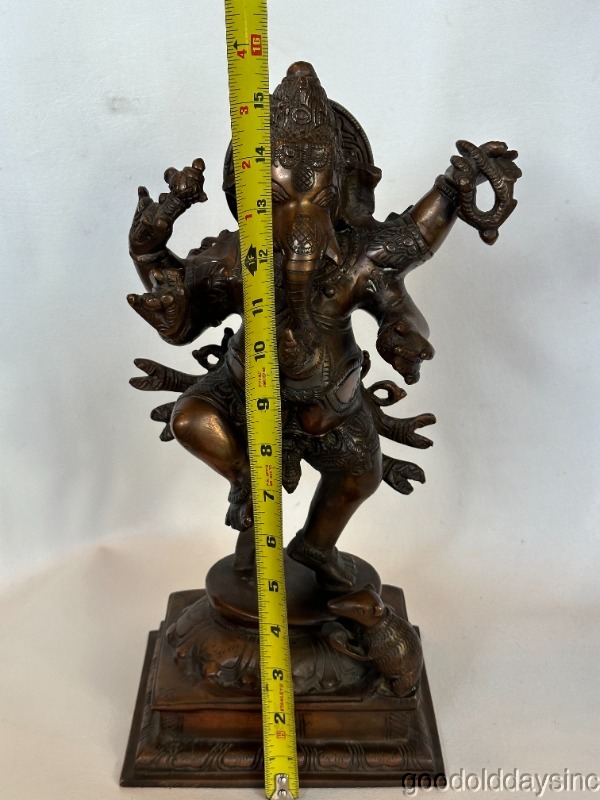 Heavy Vintage Bronze Ganesha Statue 16" Luck Trimukha Hindu Icon Lord Ganesh