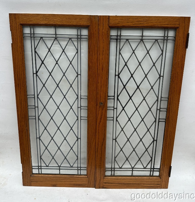 Pair of Antique Leaded Glass Cabinet Doors Transom Window Circa 1910