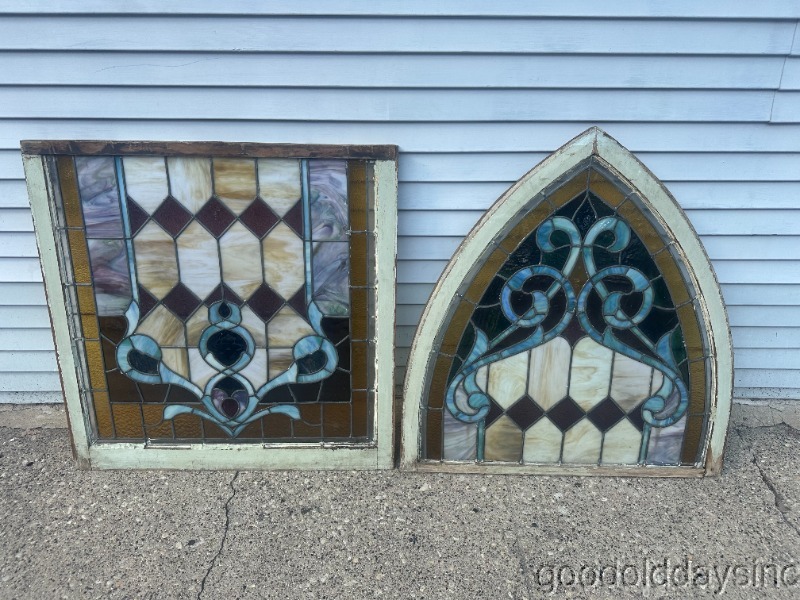 Beautiful 2 Pc. Arched Stained Glass Church Window 74"x36"