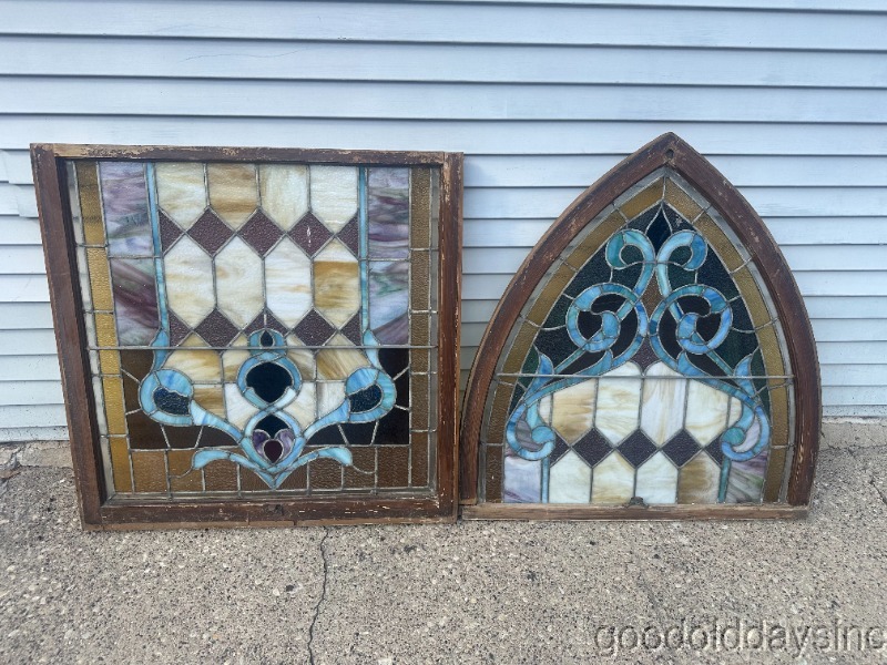 Beautiful 2 Pc. Arched Stained Glass Church Window 74"x36"