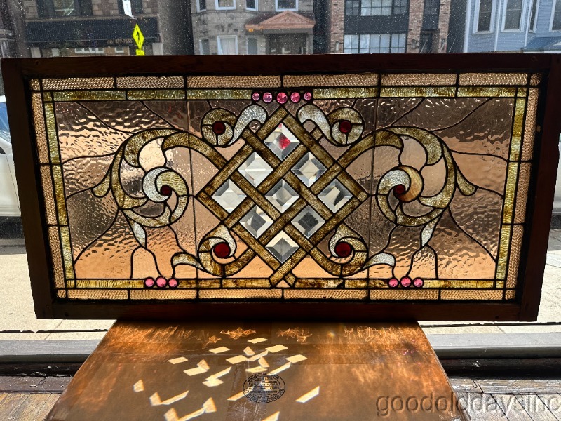 Beautiful Chicago Victorian Stained Leaded Glass Transom Window 48"x24 ca. 1895