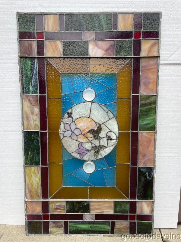 Large Colorful Stained Glass Window w/ Bevels & Jewels 53" x 32"