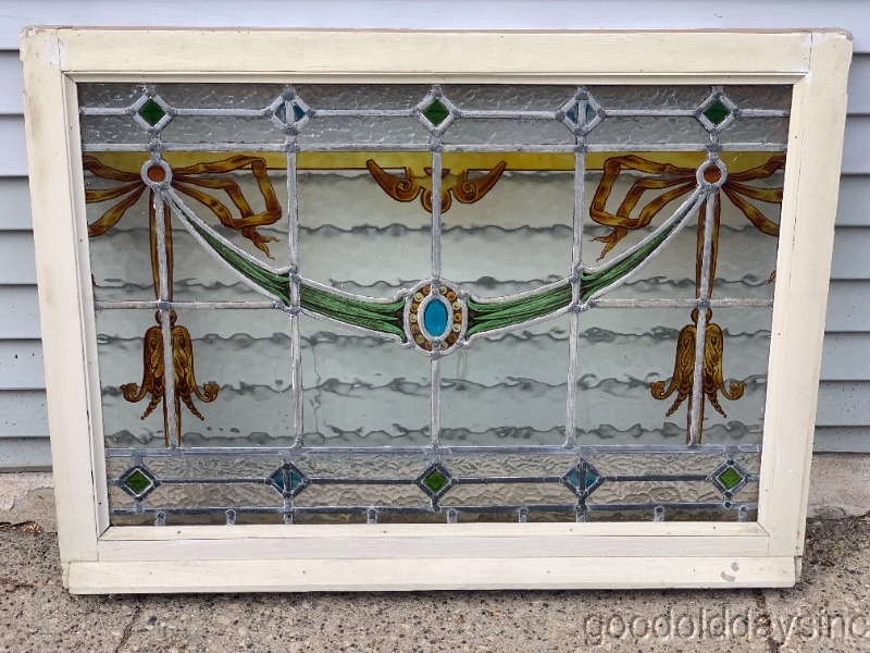 Antique Pair of Stained & Painted Leaded Glass Transom Windows Circa. 1910