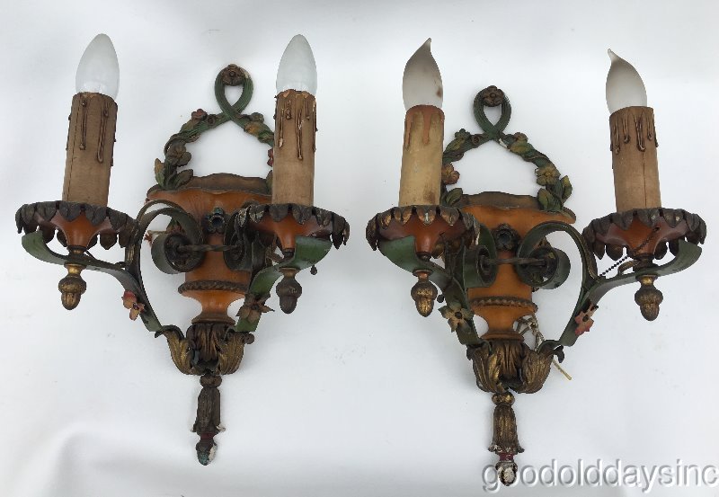 Wonderful Pair of Antique Iron & Brass Wall Sconces with flower basket
