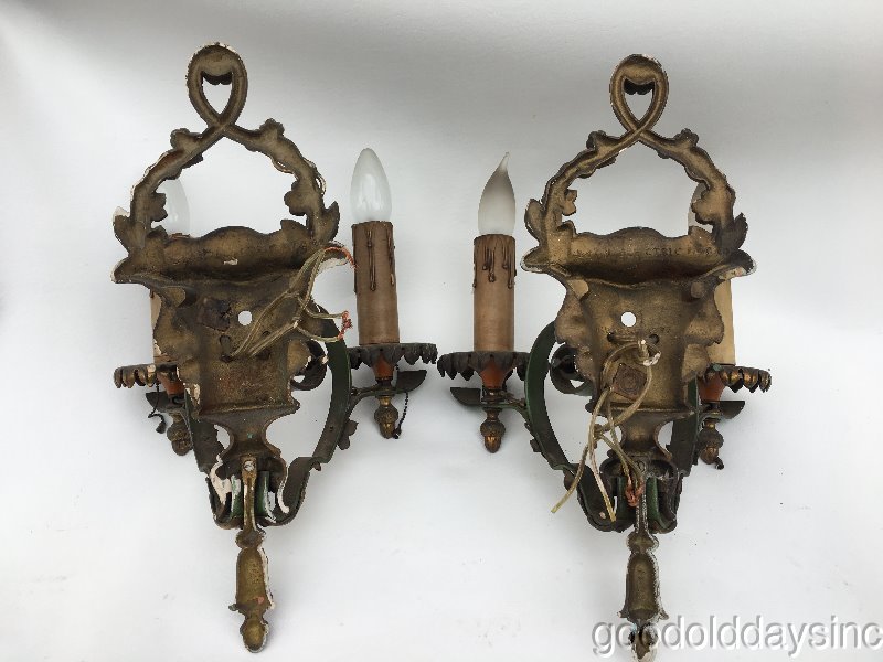 Wonderful Pair of Antique Iron & Brass Wall Sconces with flower basket