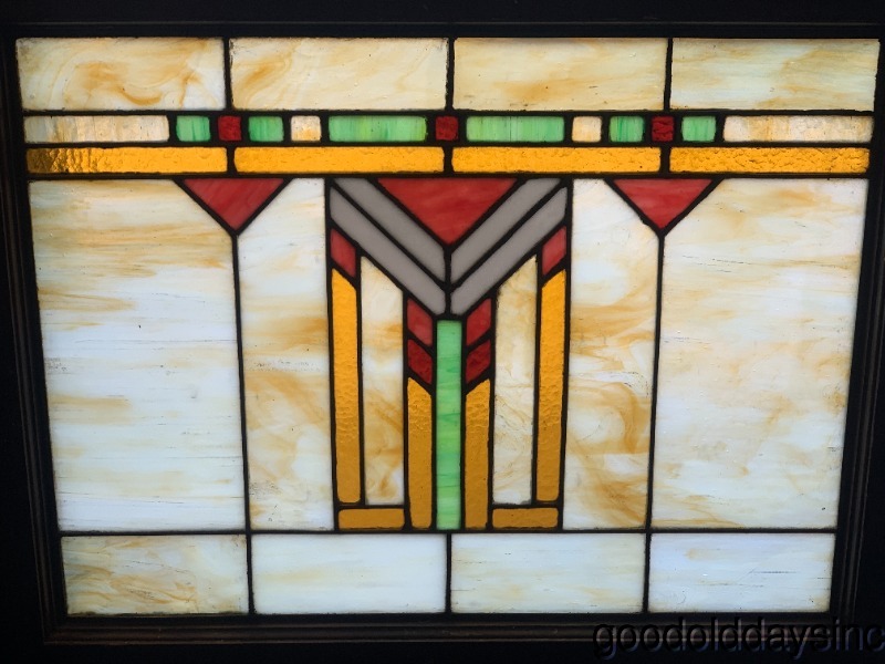 Arts & Crafts Stained Leaded Glass Transom Window 28" x 23" Circa 1915 Chevron