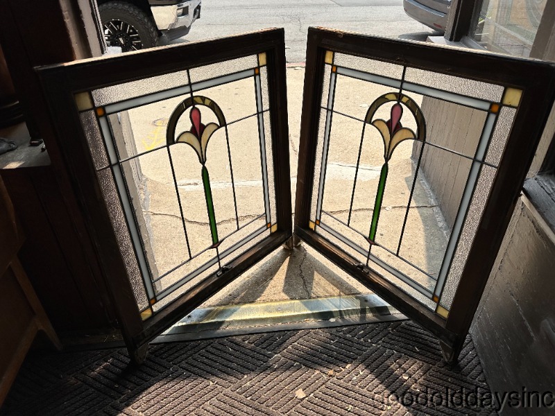 Pair of 1920's Chicago Bungalow Stained Leaded Glass Window Circa 1920 32" x 28"