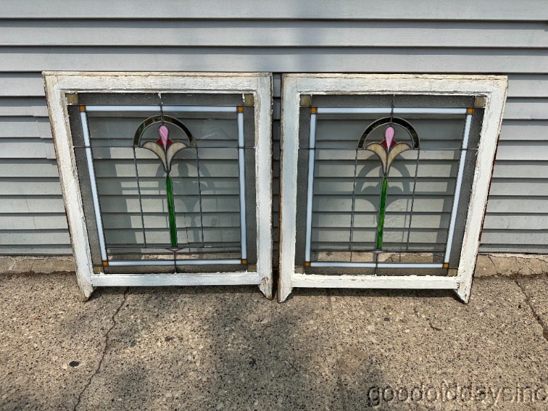 Pair of 1920s Chicago Bungalow Stained Leaded Glass Window Circa 1920 32" x 28"