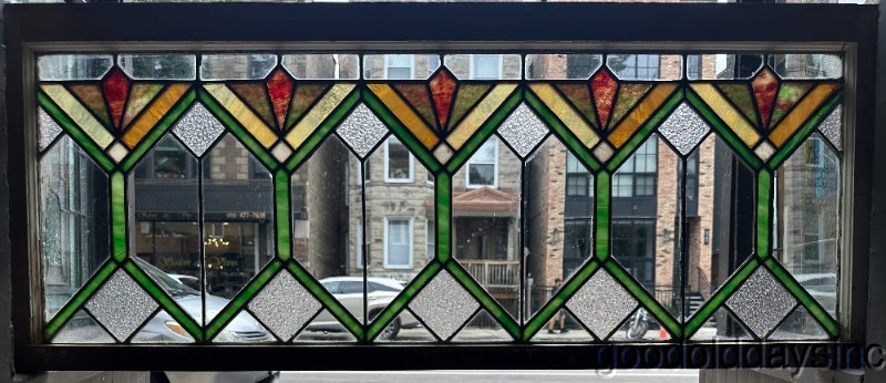 Antique Arts & Crafts Stained Leaded Glass Transom Window 48" x 20"