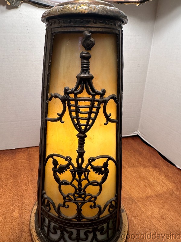 Beautiful Antique Slag Glass Panel Lamp Stained Glass Shade & Base