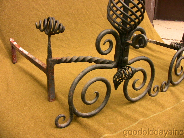 Huge 32" tall Antique Wrought Iron Andirons Unique Design Outsider Art Andiron
