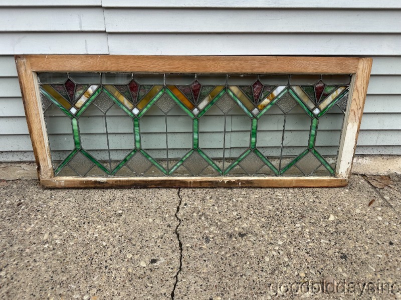 Antique Arts & Crafts Stained Leaded Glass Transom Window 48" x 20"