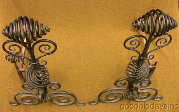 Huge 32" tall Antique Wrought Iron Andirons Unique Design Outsider Art Andiron