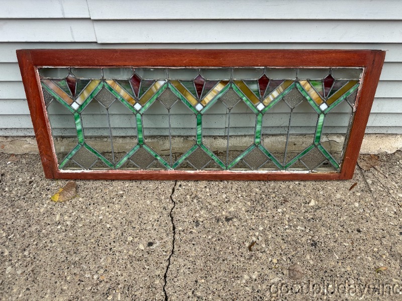 Antique Arts & Crafts Stained Leaded Glass Transom Window 48" x 20"