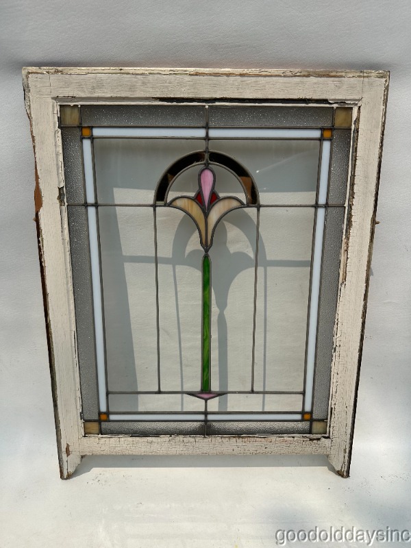 1920's Chicago Bungalow Stained Leaded Glass Window Circa 1920 34" x 26"