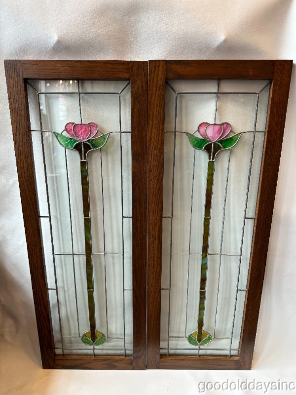 Pair of Antique Stained Leaded Glass Oak Cabinet Bookcase Doors / Window 43x16
