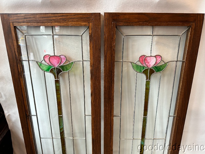 Pair of Antique Stained Leaded Glass Oak Cabinet Bookcase Doors / Window 43x16
