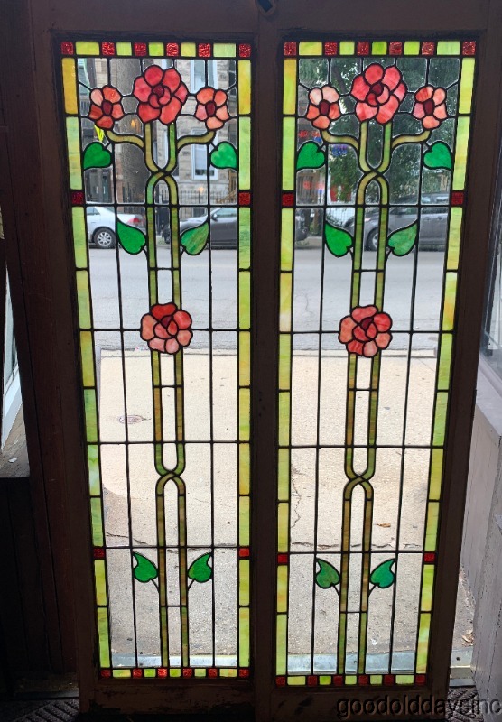 Beautiful Pair of Antique Stained Leaded Glass Cabinet Doors / Windows c.1900