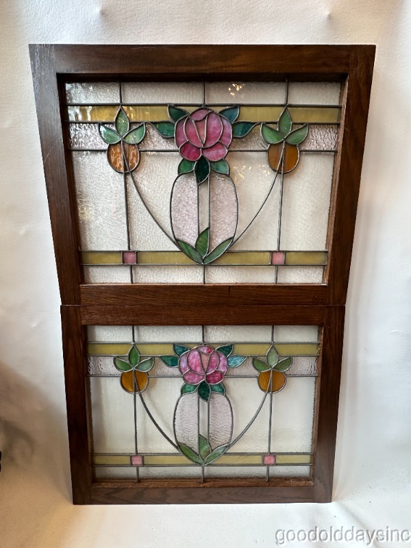 Pair of Antique Stained Leaded Glass Windows from Chicago circa 1920 27" x 21"