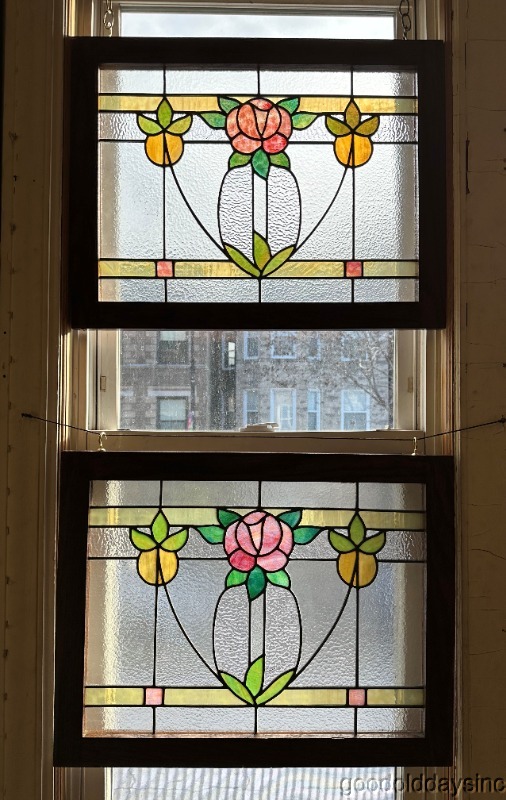 Pair of Antique Stained Leaded Glass Windows from Chicago circa 1920 27" x 21"
