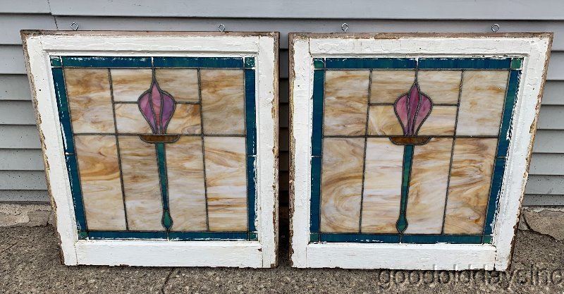 Pair of 1920s Chicago Bungalow Stained Leaded Glass Windows Tulip Torch
